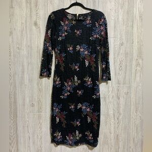 Bisou Bisou Michele Bohbot Floral Lace Midi Form Fitting Long Sleeve Dress SZ 12